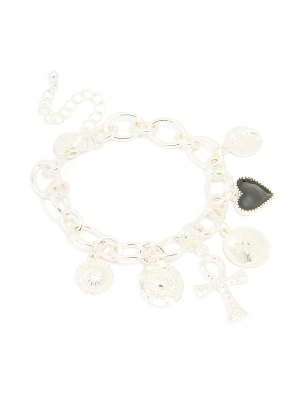 Silver Plated Chunky Cross & Black Charm Charm Bracelet