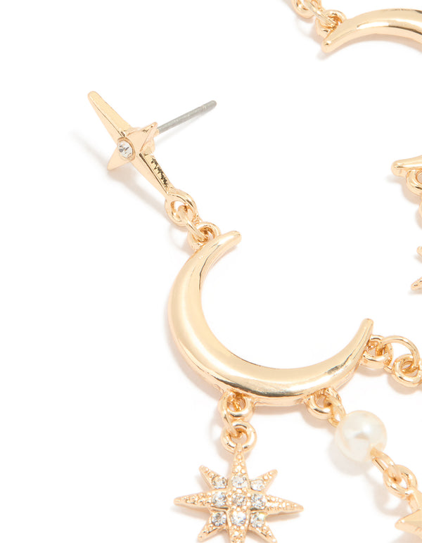 Gold Diamante & Pearl Moon Drop Earrings