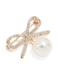 Gold Diamante Pavé Bow Pearl Drop Brooch - link has visual effect only