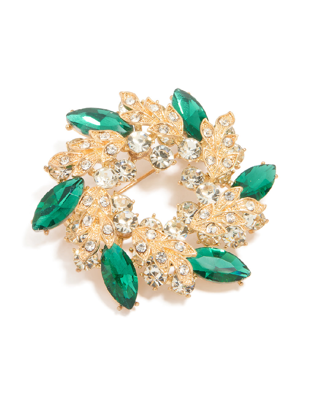 Gold Green Diamante Wreath Brooch