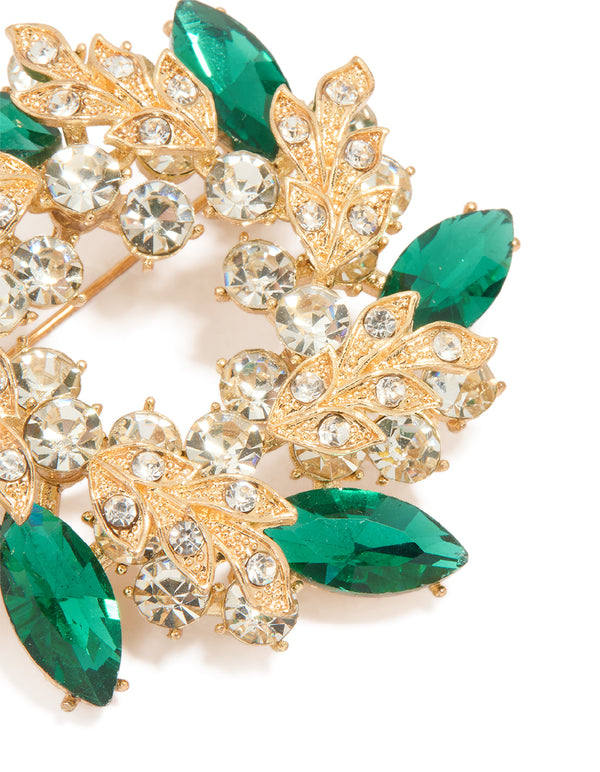 Gold Green Diamante Wreath Brooch