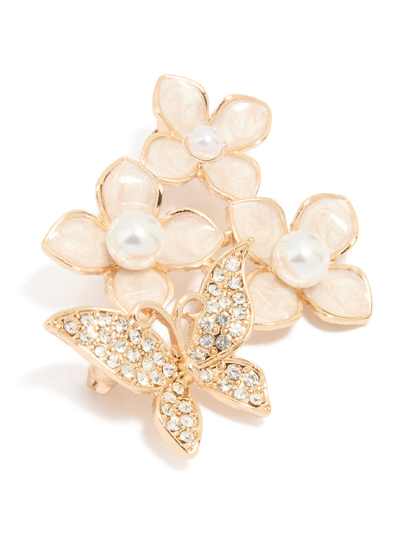 Gold Enamel Flower & Butterfly Brooch