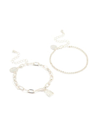 Silver Diamante Cup Chain & Link Lock Bracelets 2-Pack - link has visual effect only