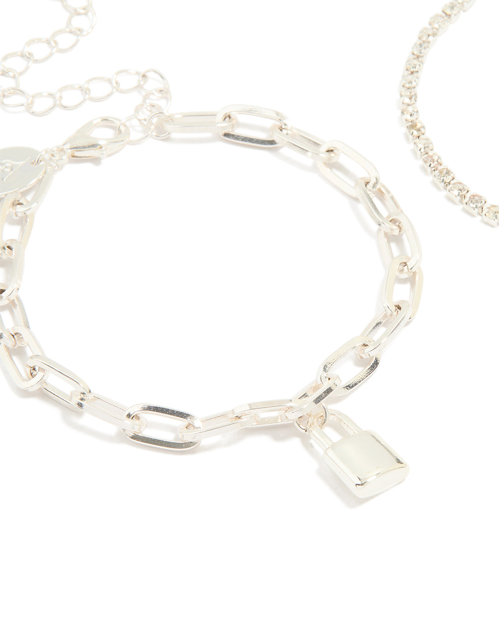 Silver Diamante Cup Chain & Link Lock Bracelets 2-Pack