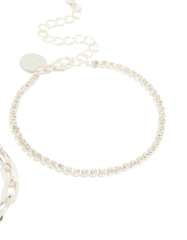 Silver Diamante Cup Chain & Link Lock Bracelets 2-Pack