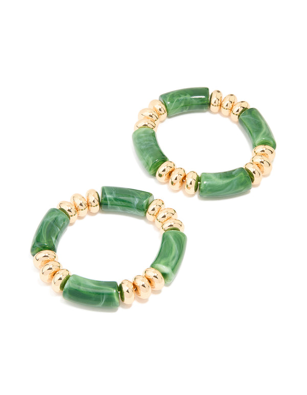 Green Marble Beaded Stretch Bracelets 2-Pack
