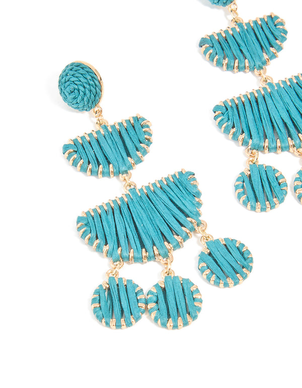 Gold Blue Raffia Crescent Drop Earrings