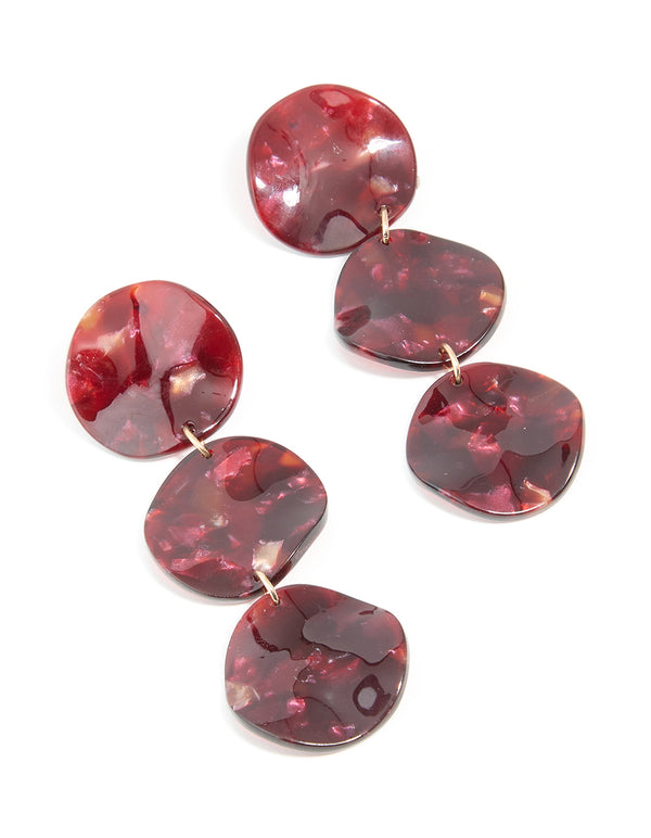 Gold Burgundy Triple Circle Drop Earrings