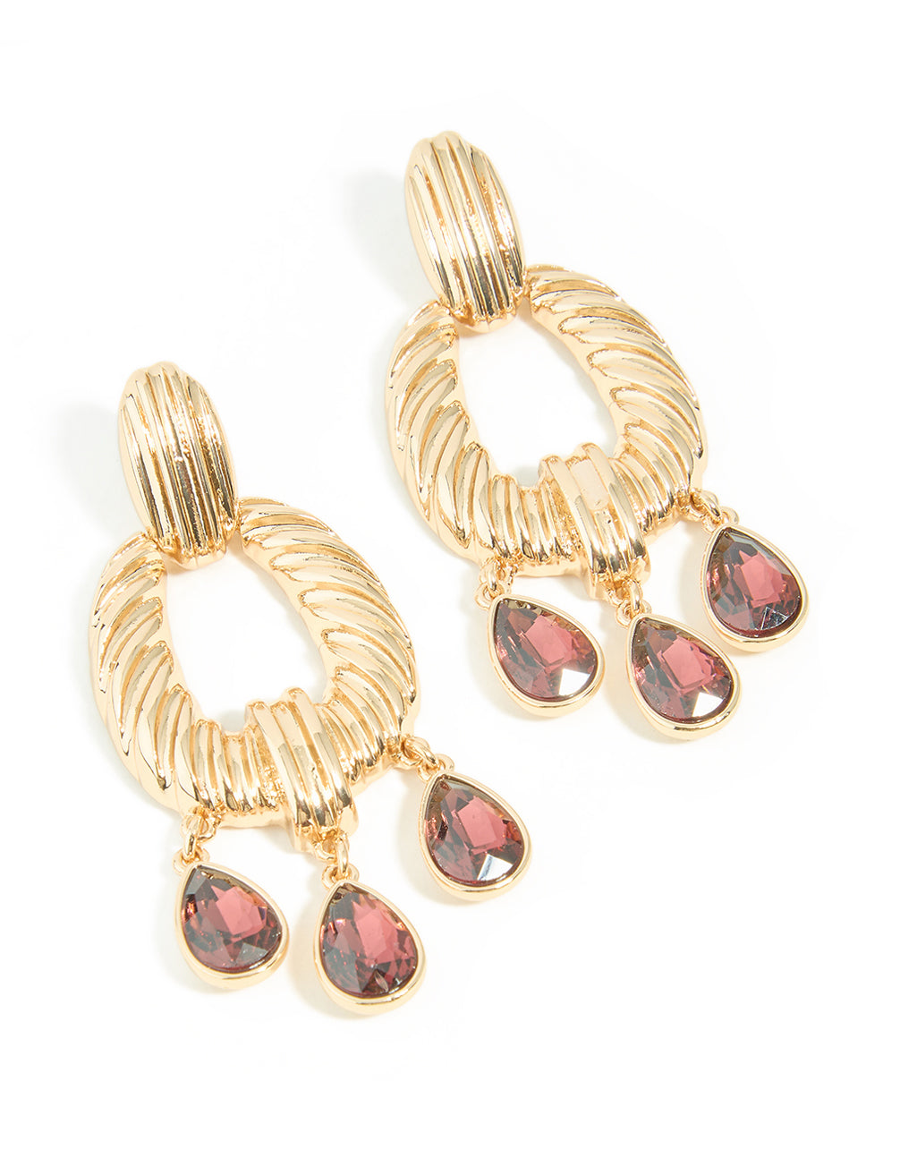 Gold Textured & Mini Red Diamante Drop Earrings