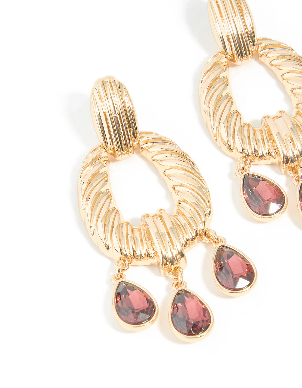 Gold Textured & Mini Red Diamante Drop Earrings