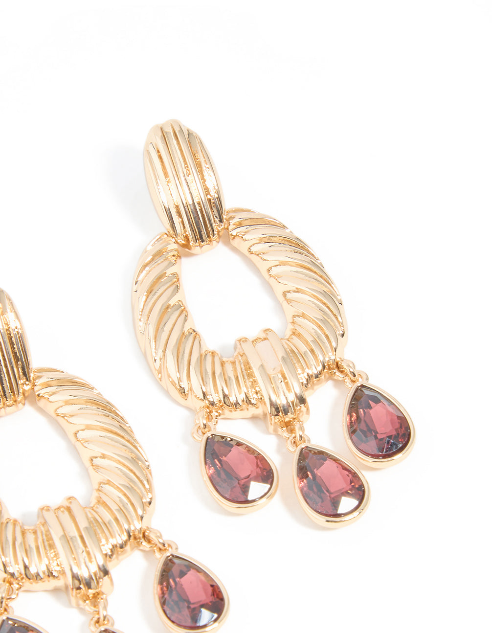 Gold Textured & Mini Red Diamante Drop Earrings