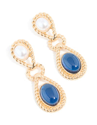 Gold Pearl & Blue Stone Textured Twisted Drop Earrings - link has visual effect only