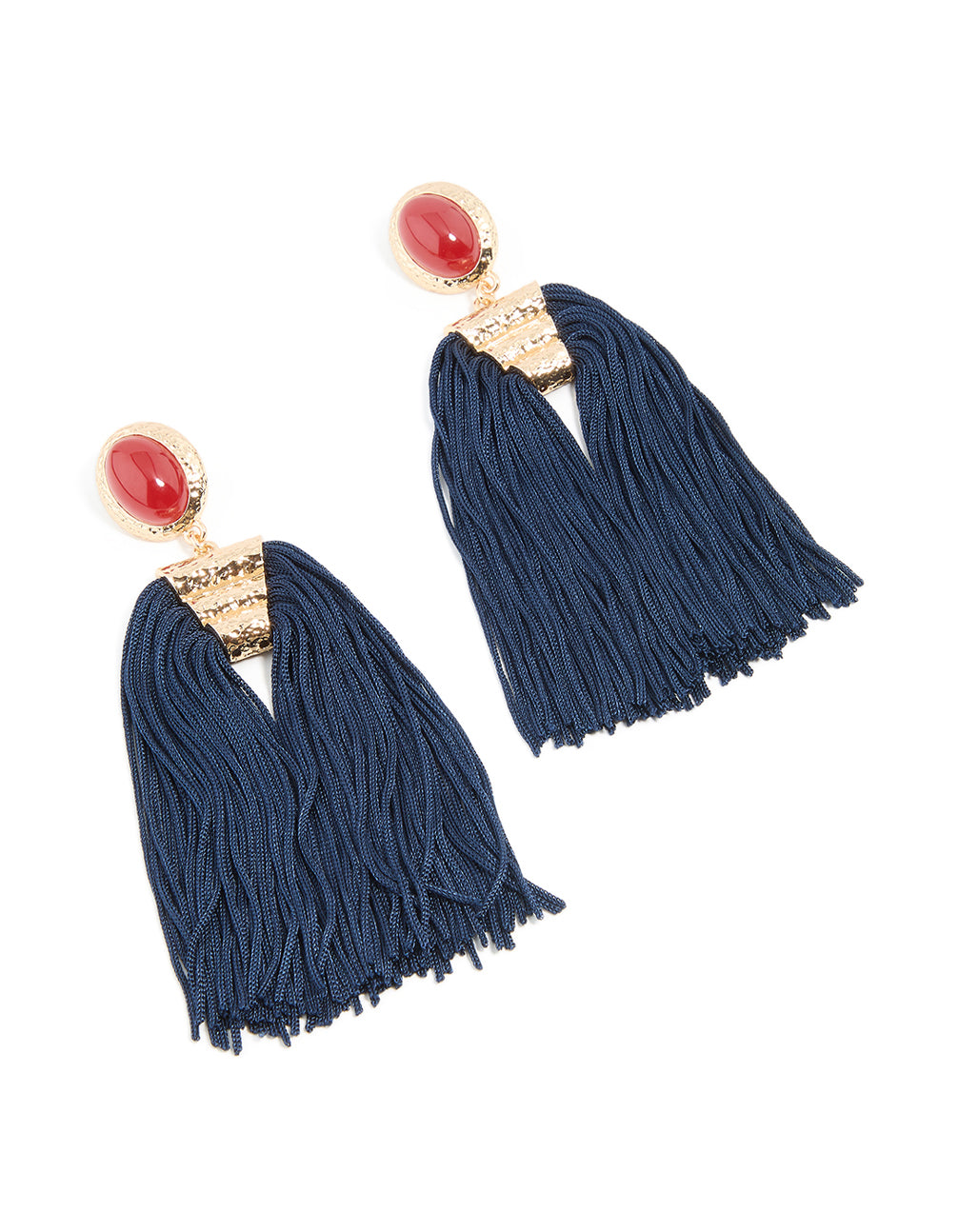 Gold Red Stone & Dark Blue Tassel Earrings