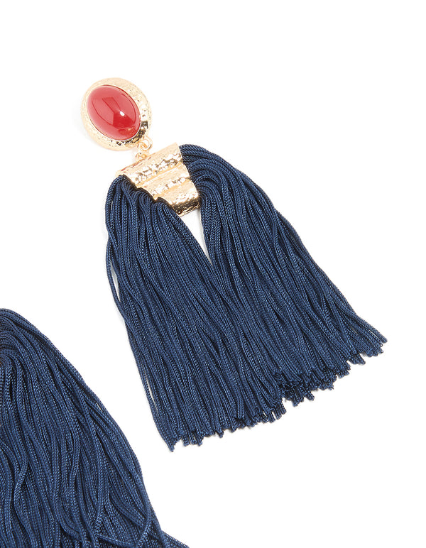 Gold Red Stone & Dark Blue Tassel Earrings