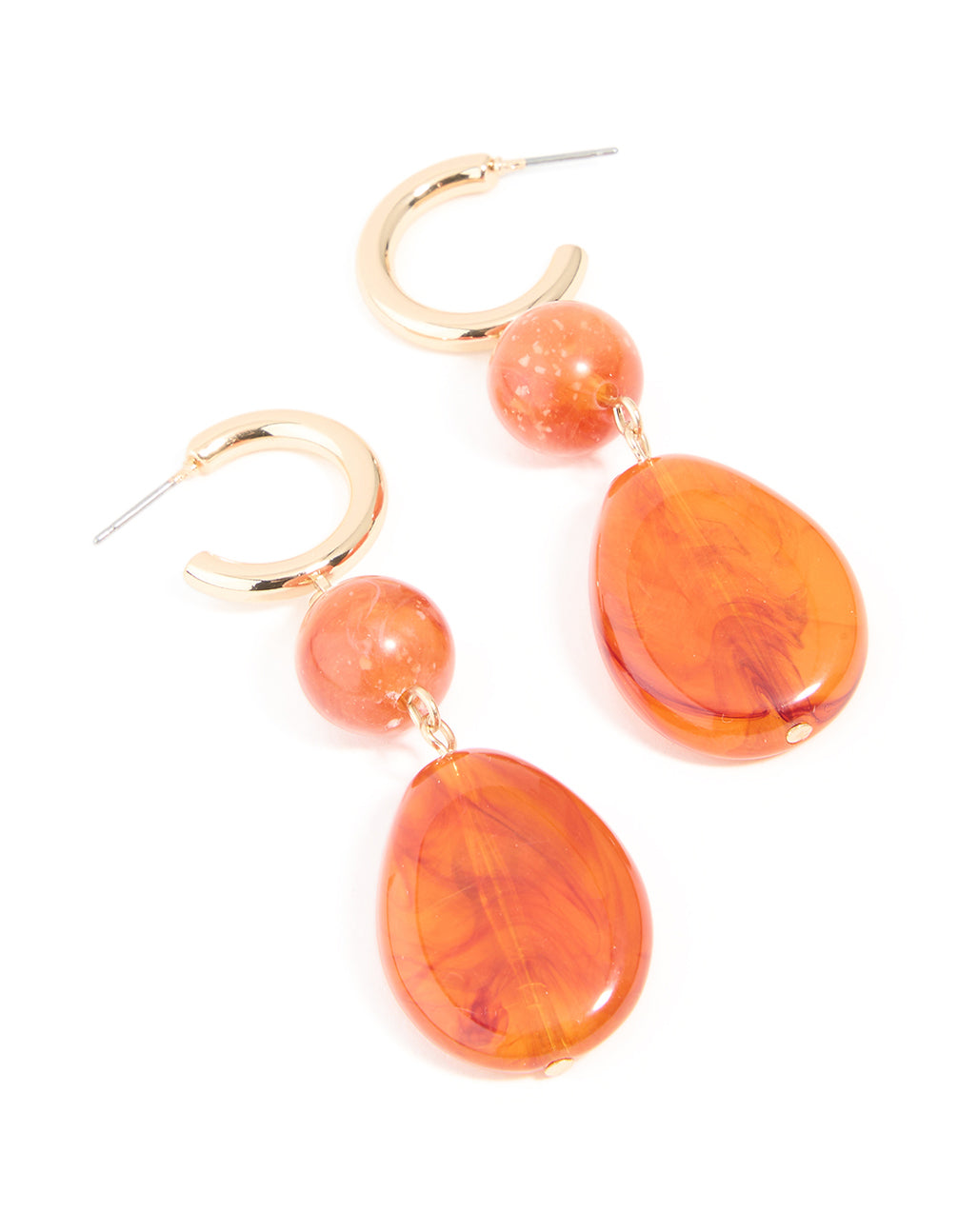 Gold Orange Resin Oval Drop Earrings