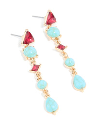 Gold Blue Stone & Red Diamante Aztec Triangle Drop Earrings - link has visual effect only