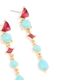 Gold Blue Stone & Red Diamante Aztec Triangle Drop Earrings - link has visual effect only