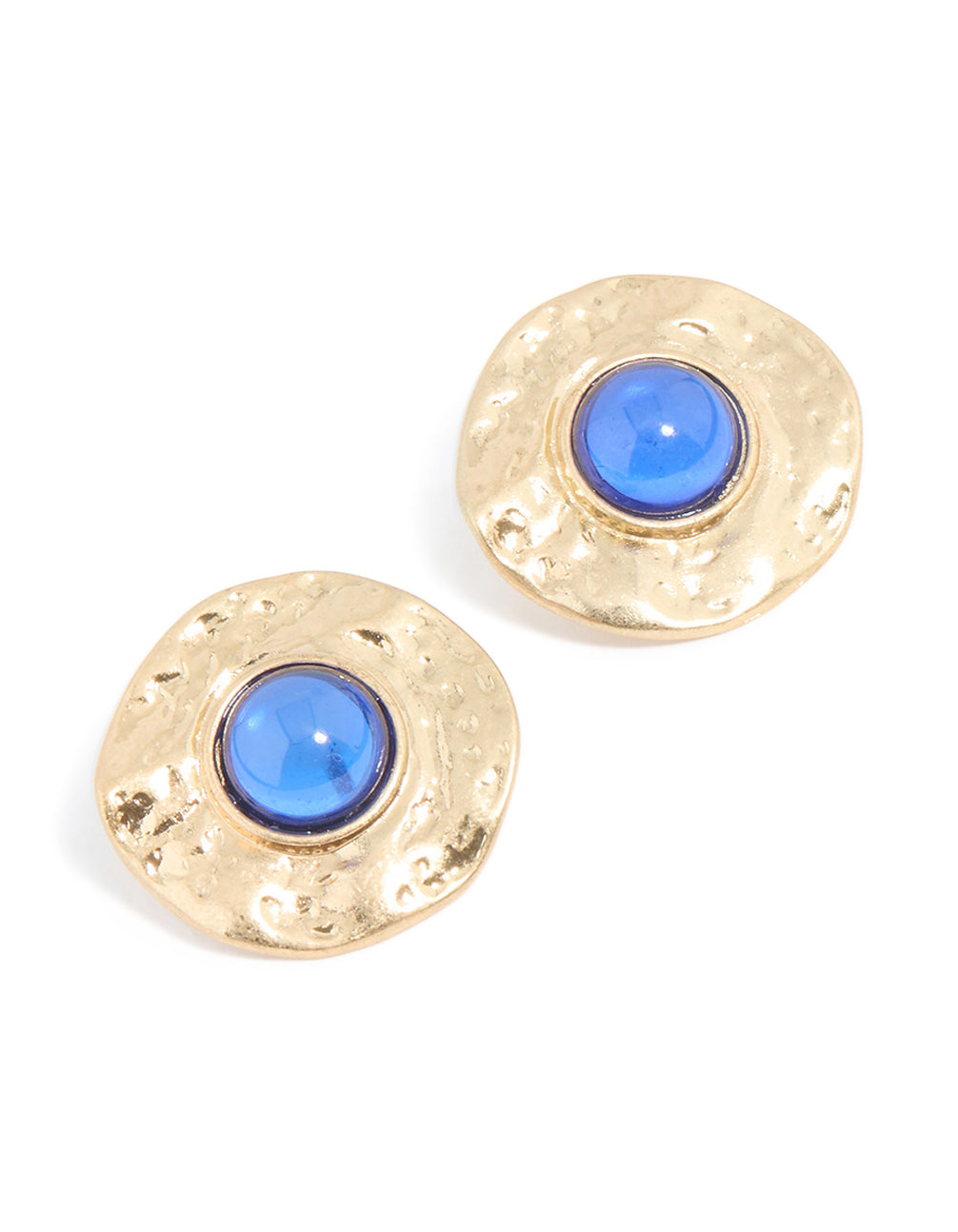 Gold Blue Stone Textured Large Stud Earrings
