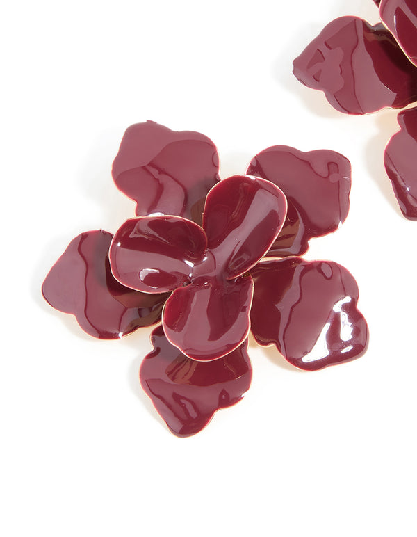 Gold Red Large Flower Stud Earrings