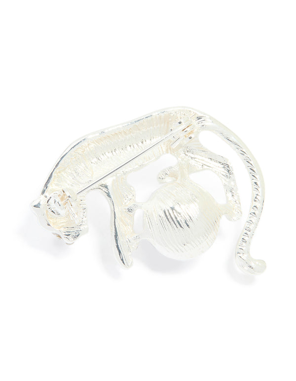 Silver Diamante Jaguar & Pearl Brooch