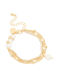 Gold Plated Freshwater Pearl Diamante Layered Chain Bracelet - link has visual effect only