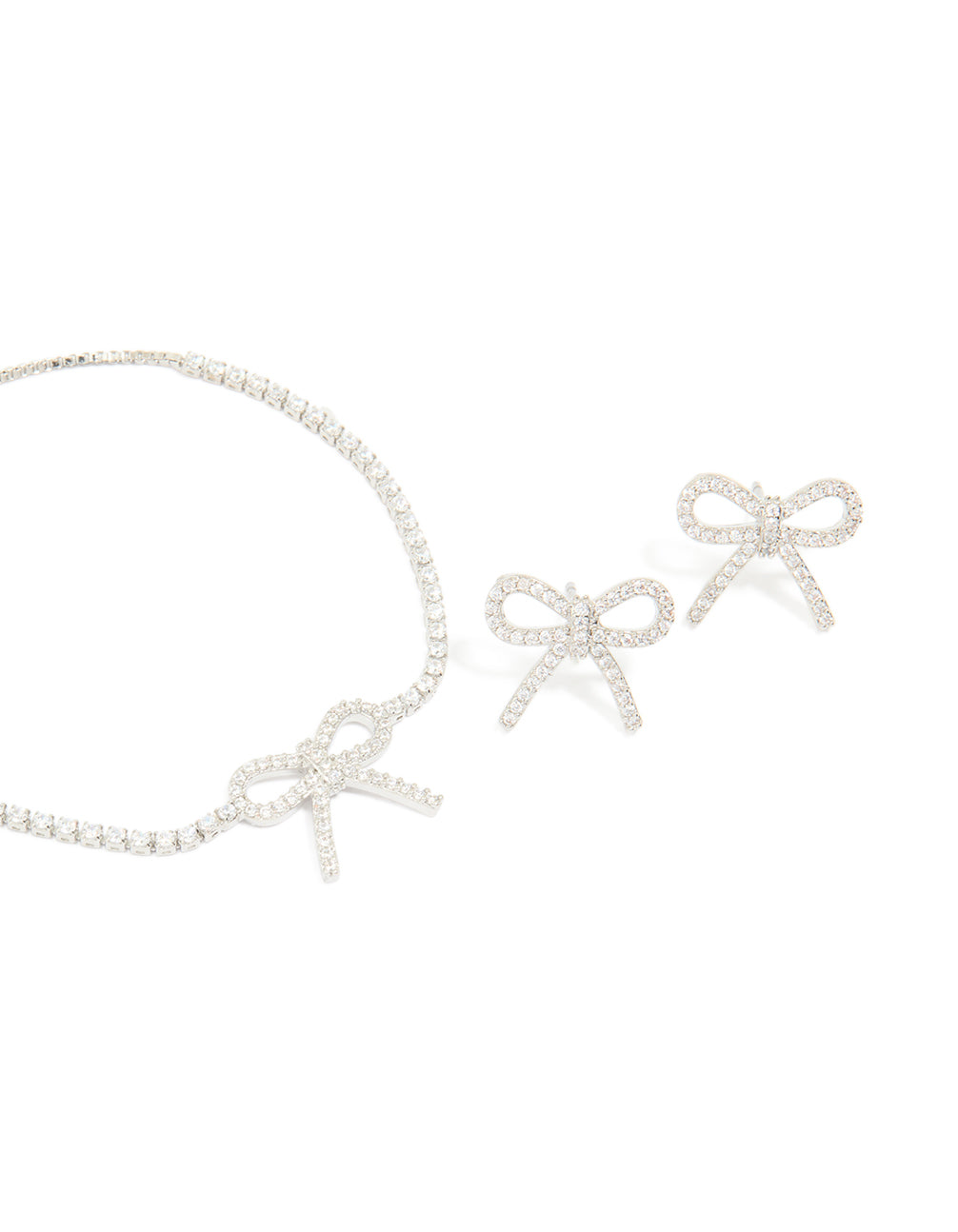 Silver Diamante Bow Toggle Bracelet & Earrings Set