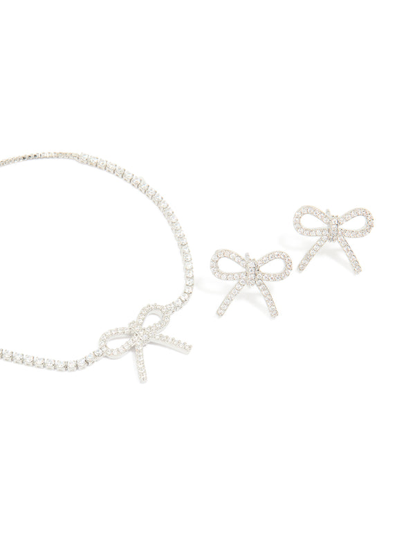 Silver Diamante Bow Toggle Bracelet & Earrings Set