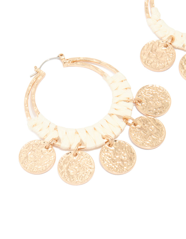 Gold Raffia Hammered Disc Hoop Earrings