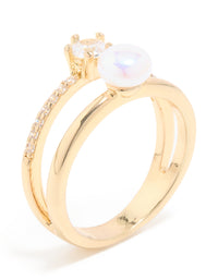 Gold Plated Cubic Zirconia & Pearl Open Stacked Ring - link has visual effect only