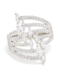 Featuring a cubic zirconia mini triangles layered ring in silver with statement design close up view - link has visual effect only