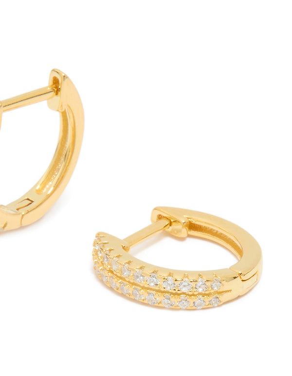 Gold Plated Sterling Silver Double Row Cubic Zirconia Huggie Earrings