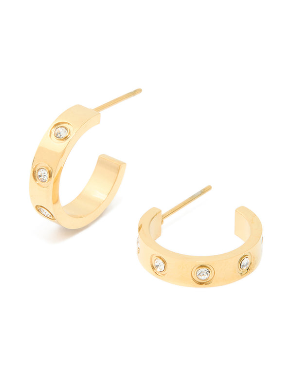 Waterproof Gold Plated Stainless Steel Cubic Zirconia Square Hoop Earrings