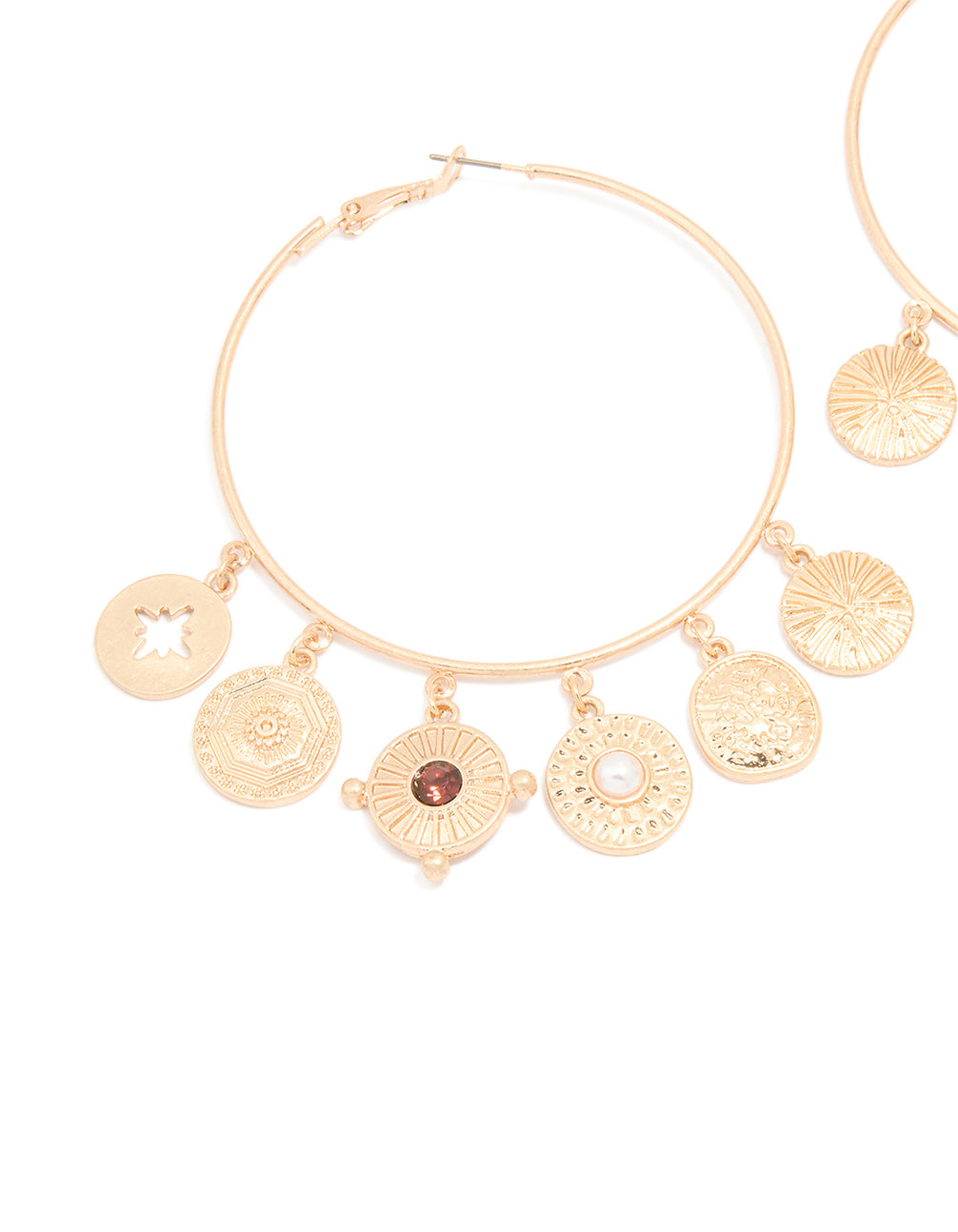 Gold Disc Charm Hoop Earrings