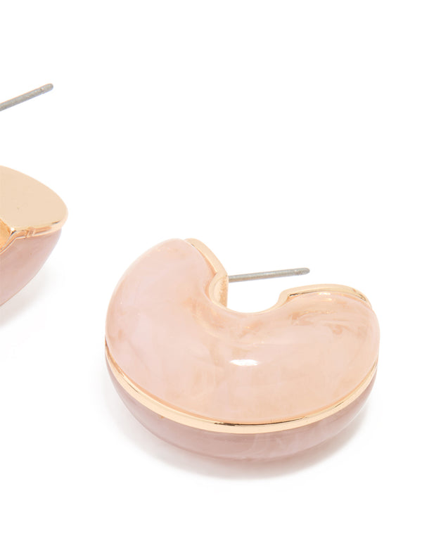 Gold Pink Marble Moon Hoop Earrings