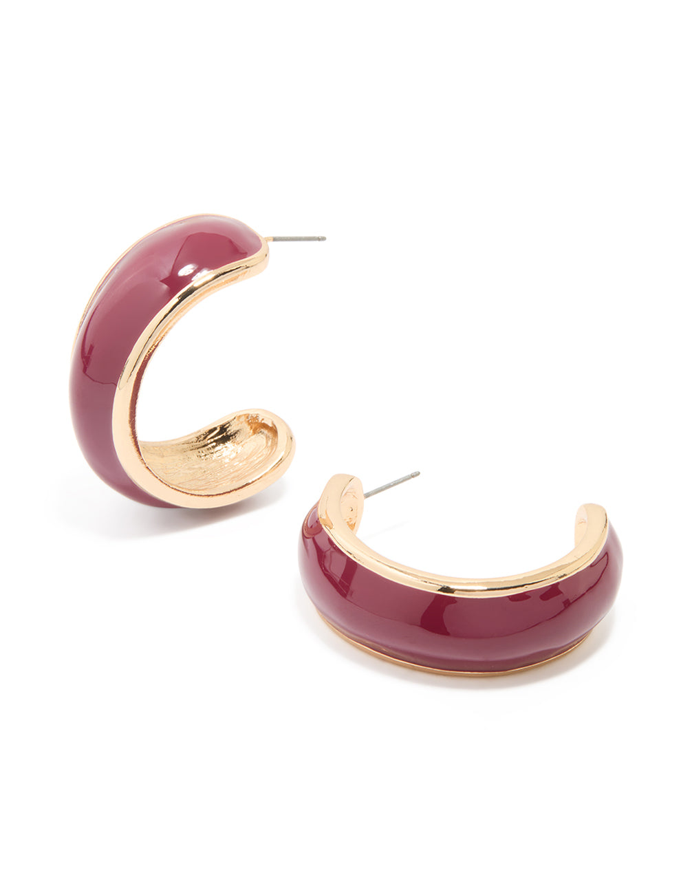 Gold Burgundy Enamel Hoop Earrings