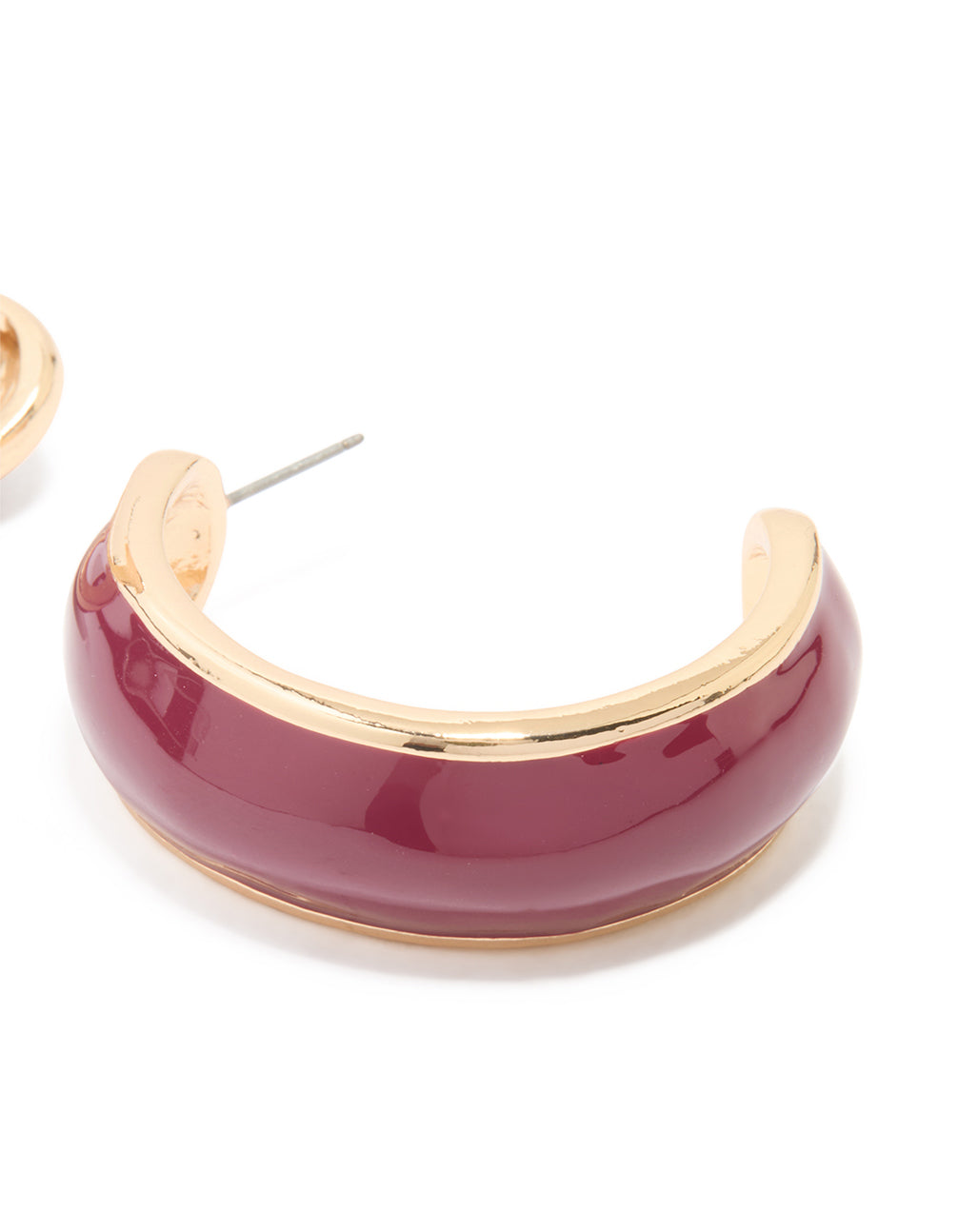 Gold Burgundy Enamel Hoop Earrings