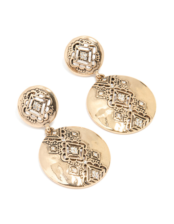 Gold Diamante Round Drop Earrings