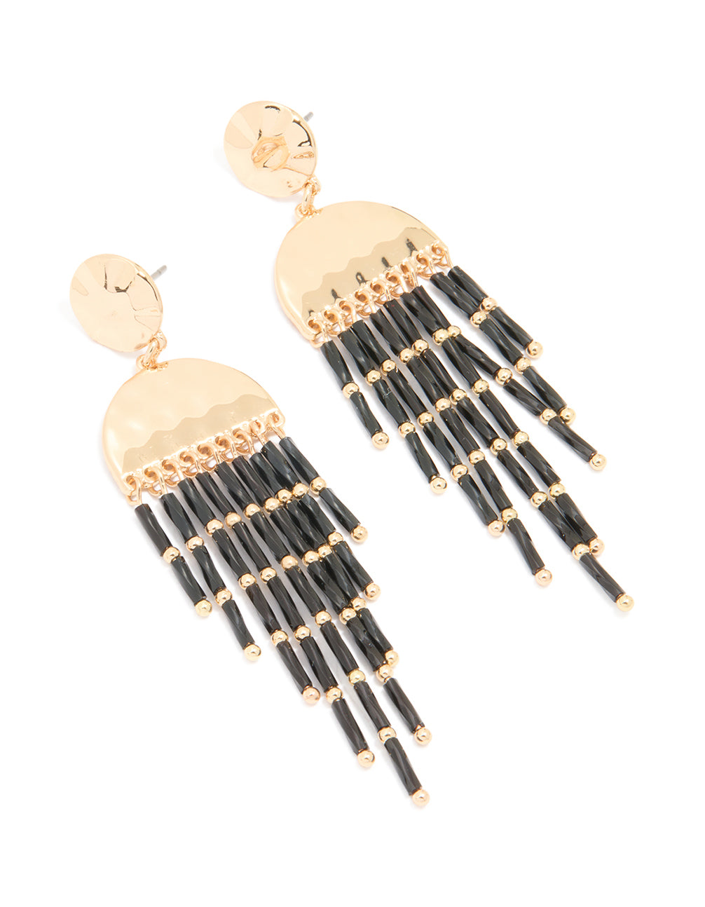 Gold Black Beaded Fountain Drop Earrings