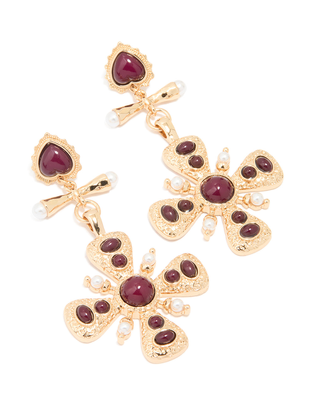 Gold Red Stone Heart & Cross Drop Earrings