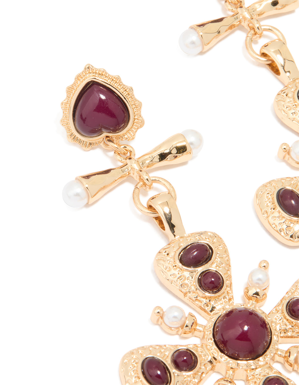 Gold Red Stone Heart & Cross Drop Earrings