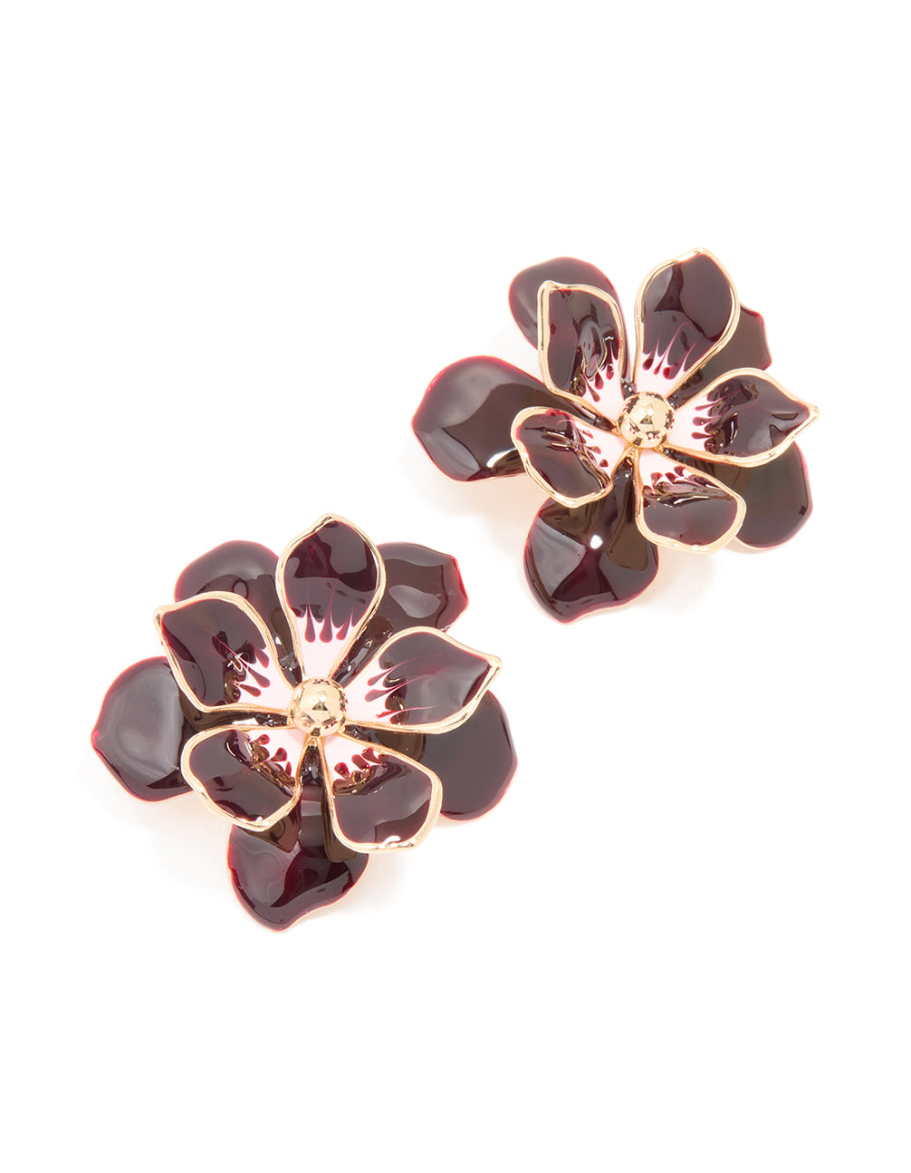 Gold Dark Red Flower Enamel Small Stud Earrings