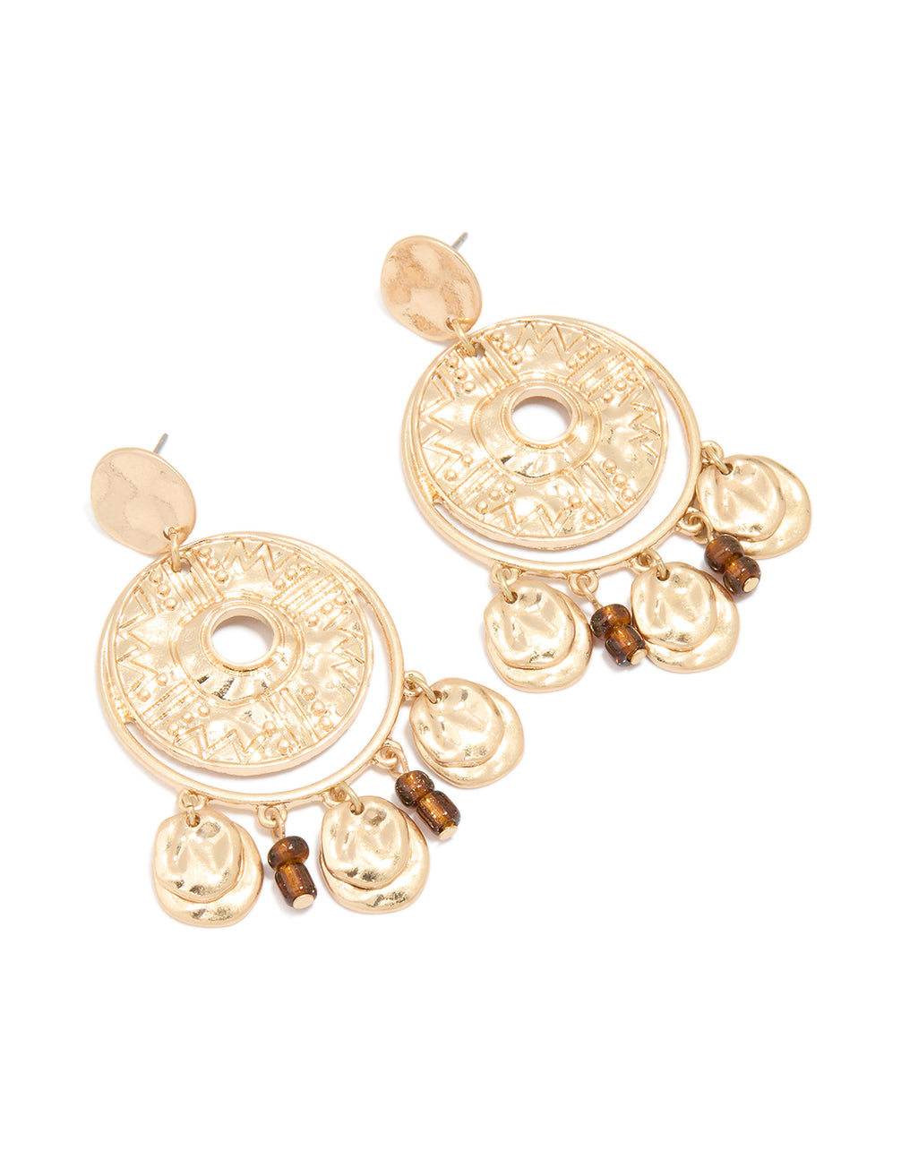 Antique Gold Brown Beaded Textured Circle Drop Earrings