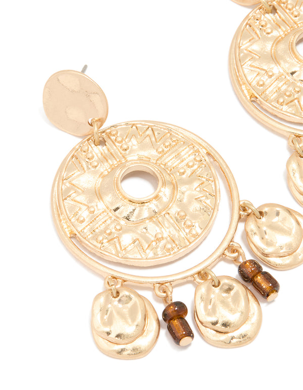 Antique Gold Brown Beaded Textured Circle Drop Earrings