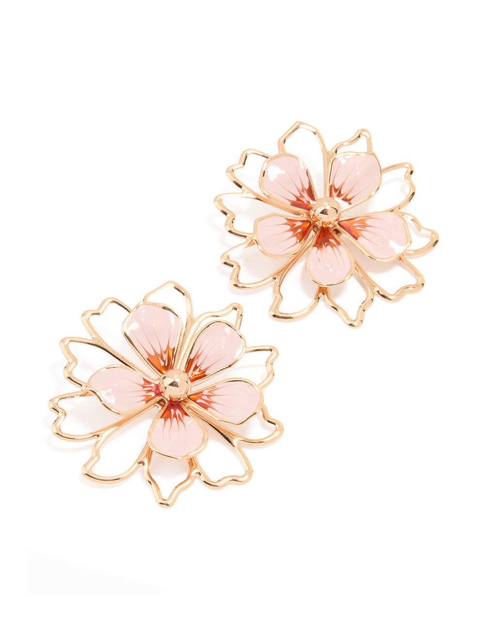 Gold Pink Enamel Flower Stud Earrings