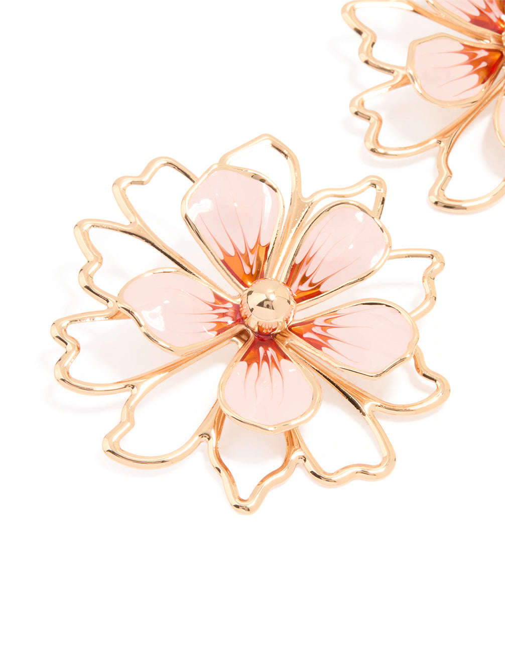 Gold Pink Enamel Flower Stud Earrings