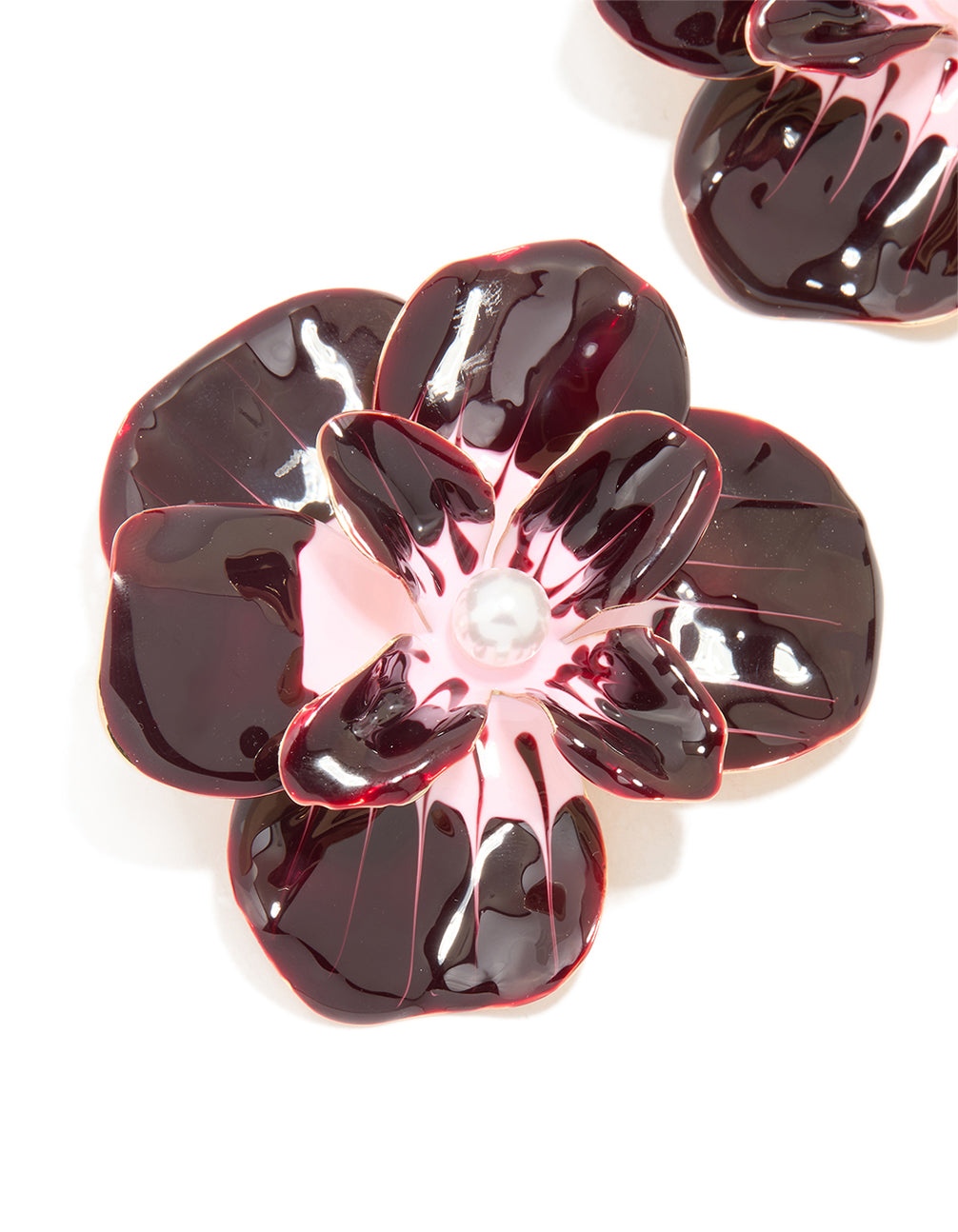 Gold Dark Red Enamel Pearl Flower Stud Earrings