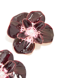 Gold Dark Red Enamel Pearl Flower Stud Earrings - link has visual effect only