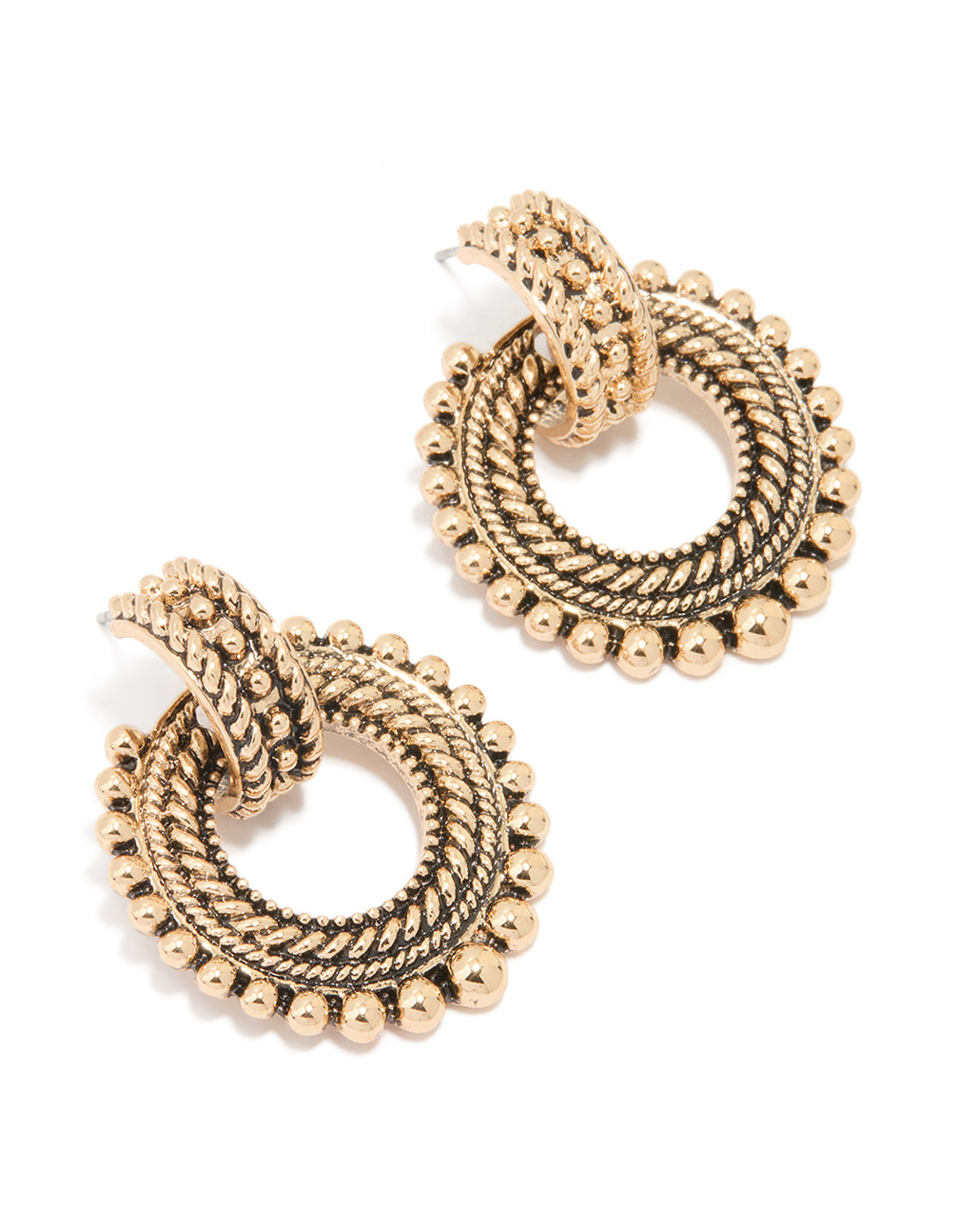 Antique Gold Hoop Textured Drop Earrings