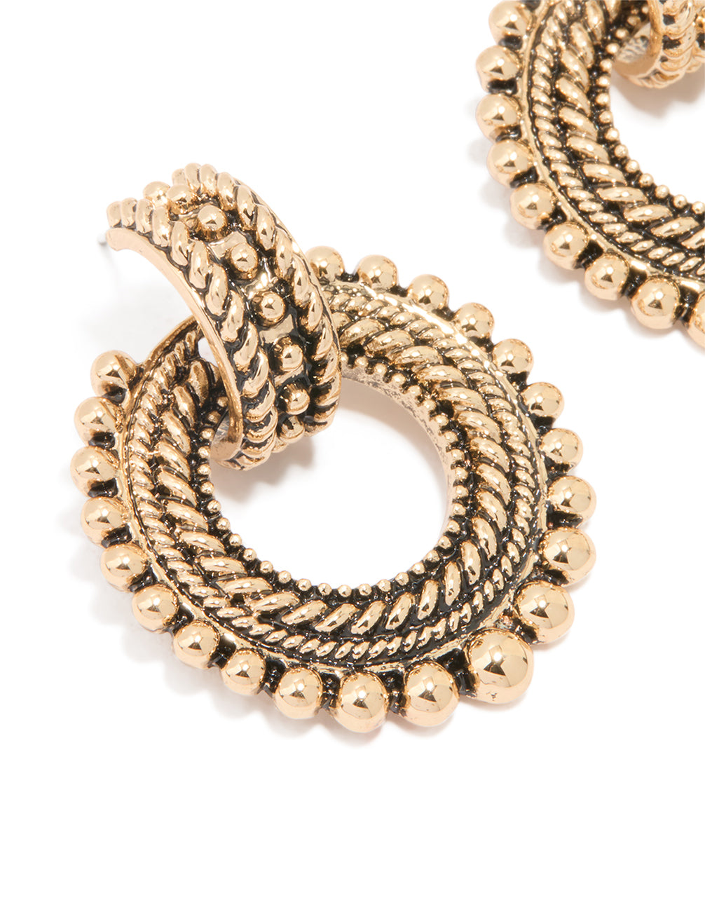 Antique Gold Hoop Textured Drop Earrings