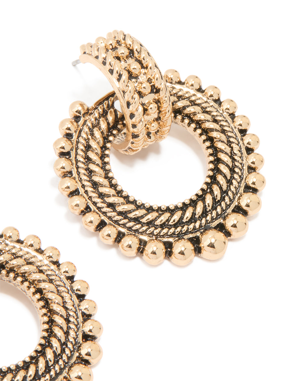 Antique Gold Hoop Textured Drop Earrings